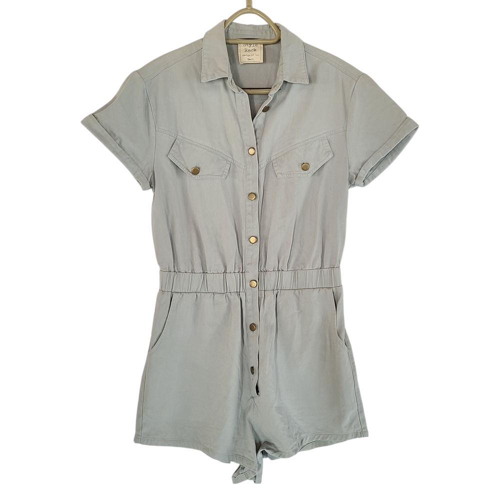 Style Rack Button Front 100% Cotton Romper - Muted Blue Grey, Small Boho Safari